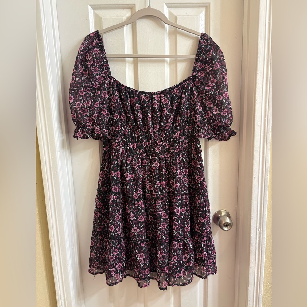 Trixxi Black & Pink Floral Puff Sleeve Mini Dress